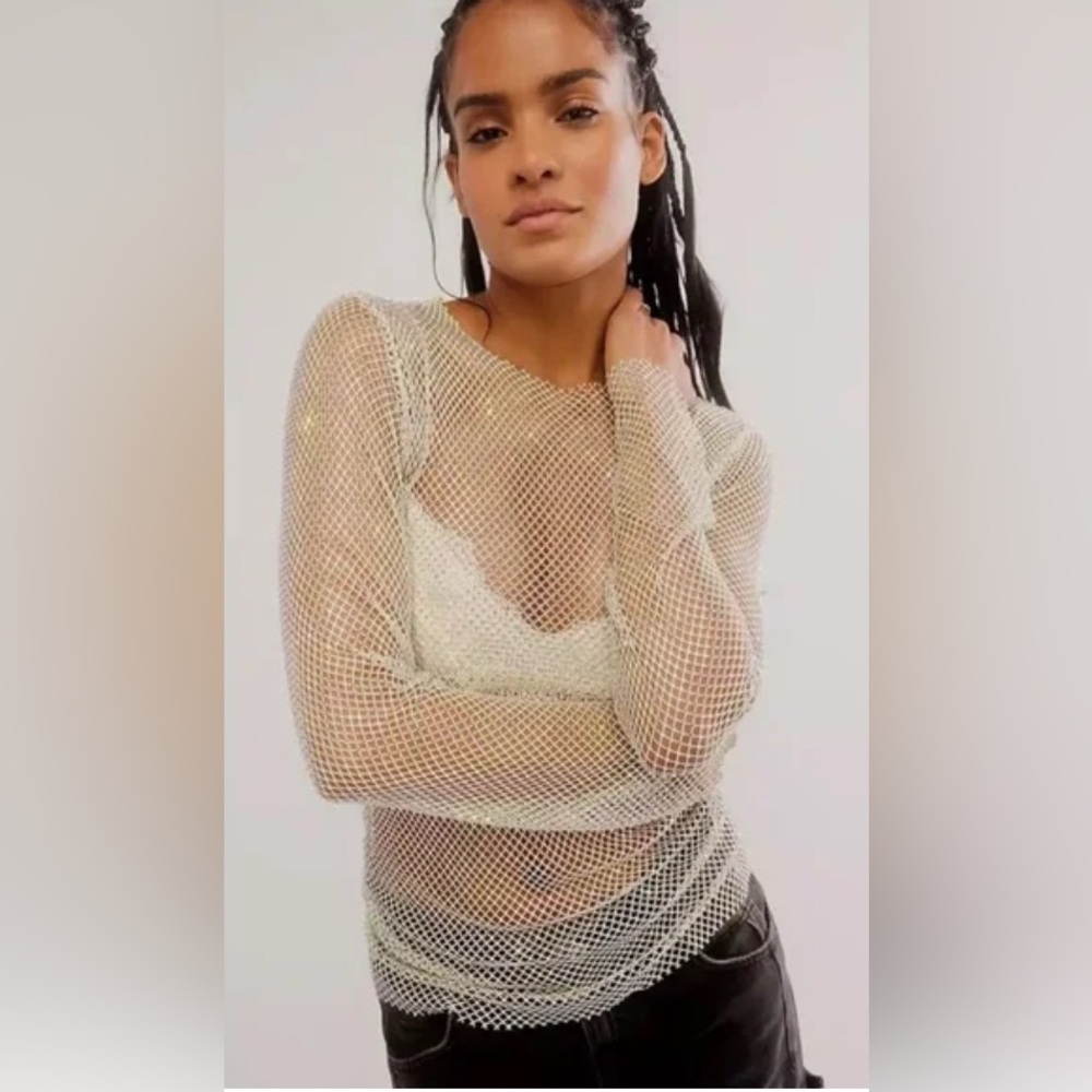 Free People Sheer Fishnet Long Sleeve Top in Ivory